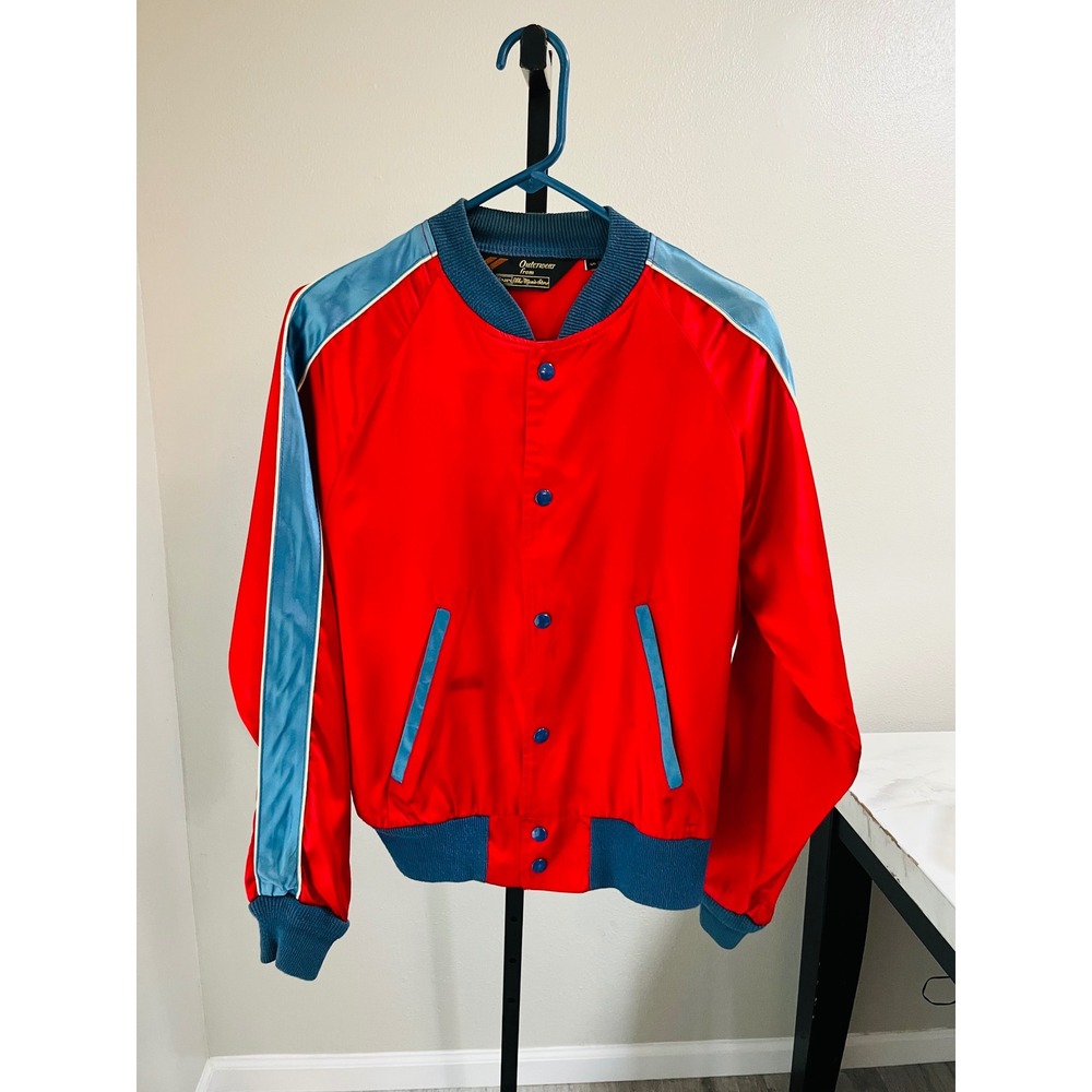 Sears The Mens Store Bomber Jacket Red Blue Small Vintage Satin Varsity Snap